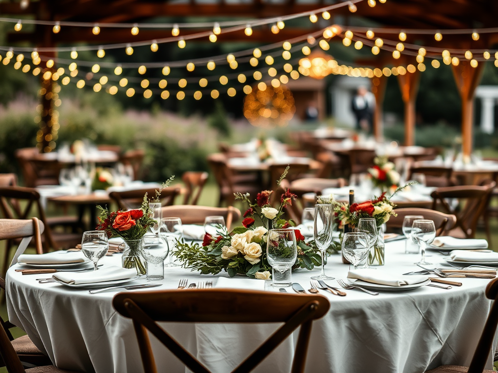 Une table décorée avec des fleurs, des couverts et des lumières suspendues, prête pour une célébration en plein air.