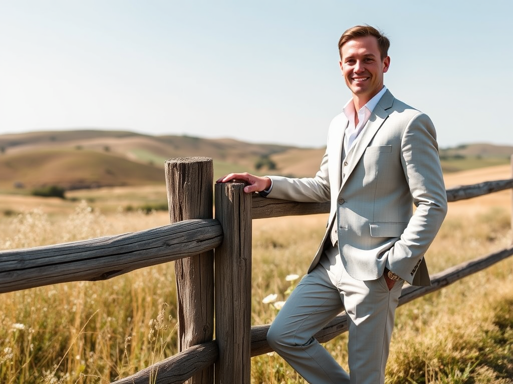 Un homme souriant en costume clair se tient à côté d'une clôture, avec un paysage de collines derrière lui.