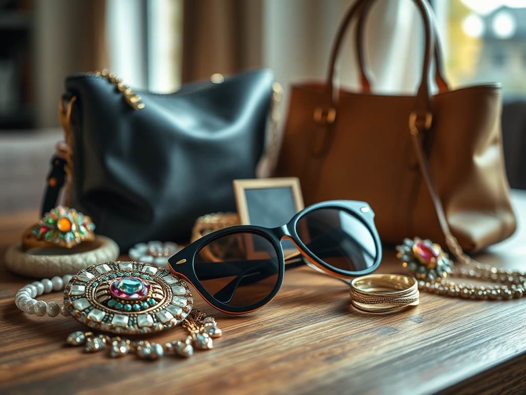 Objets de mode sur une table : sacs, lunettes de soleil et bijoux colorés, créant une ambiance élégante.