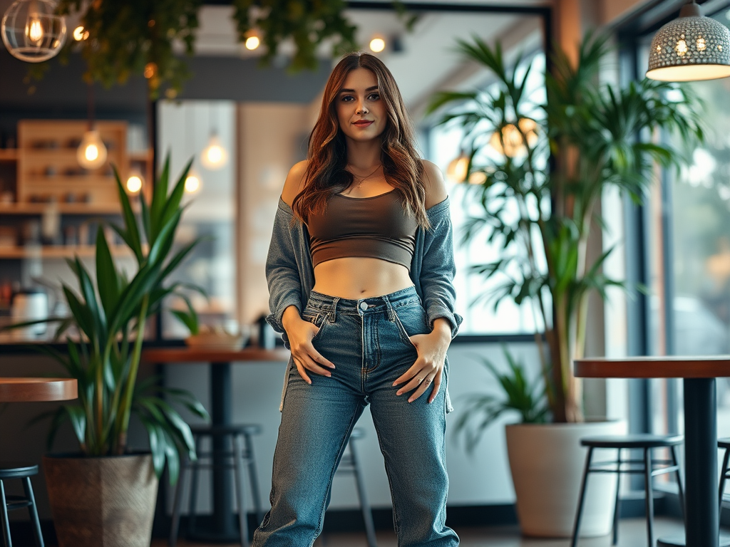 Une femme avec des cheveux bruns pose dans un café moderne, vêtue d'un haut et d'un jean, entourée de plantes.