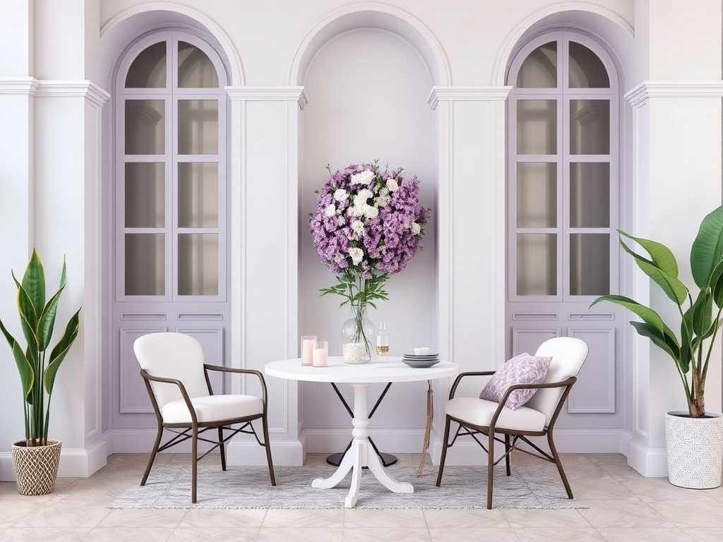 Une décoration intérieure élégante avec une table, des chaises blanches, et un grand bouquet de fleurs mauves.