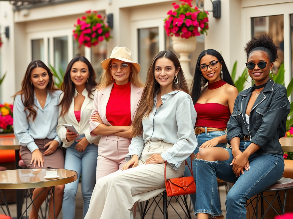 Un groupe de six femmes élégantes posent ensemble sur une terrasse fleurie en extérieur.