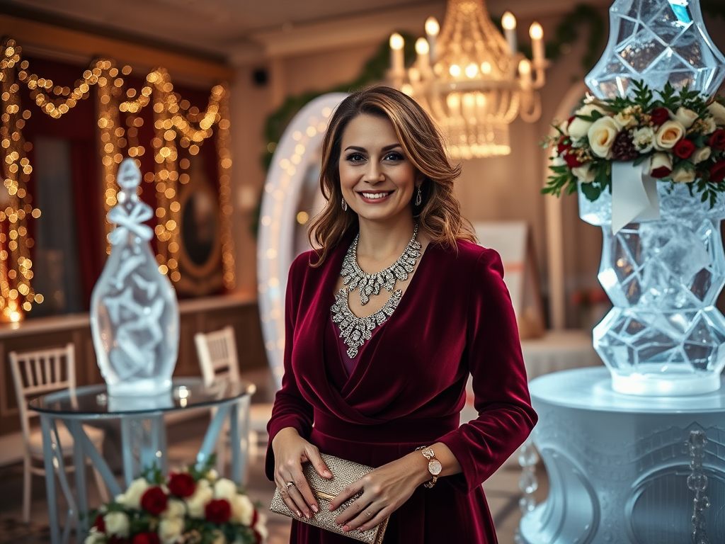 Une femme souriante en robe rouge, bijoux élégants, pose dans un cadre festif avec des lumières scintillantes.