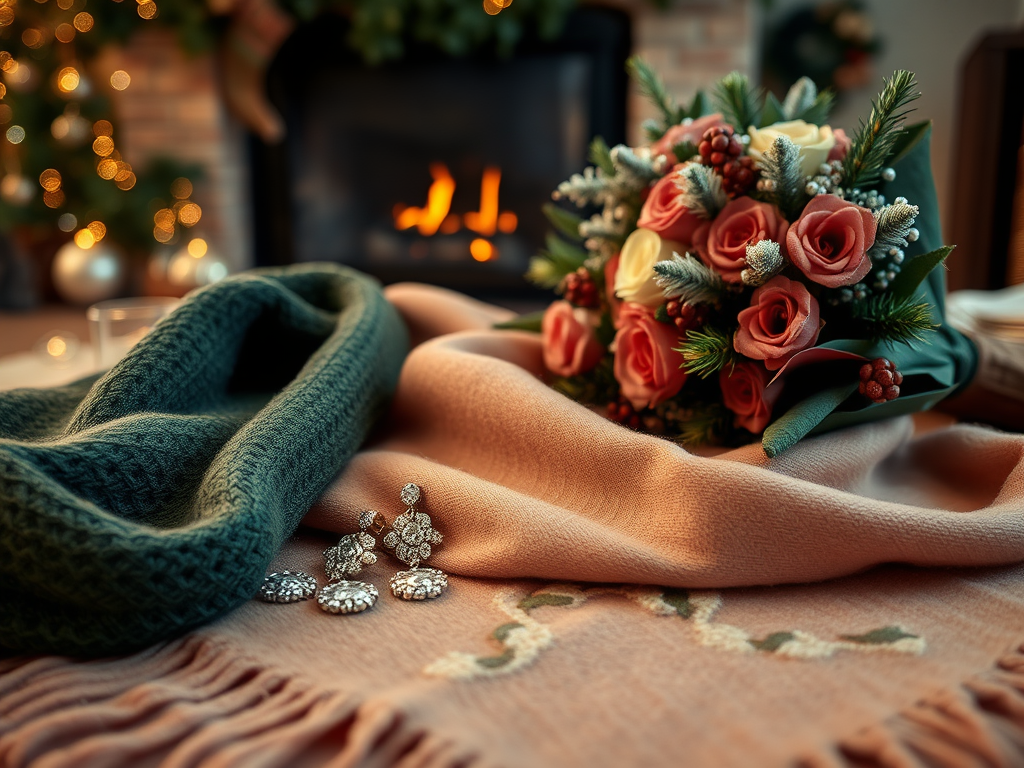 Un bouquet de roses sur une couverture douce, avec des bijoux scintillants et une ambiance chaleureuse derrière.