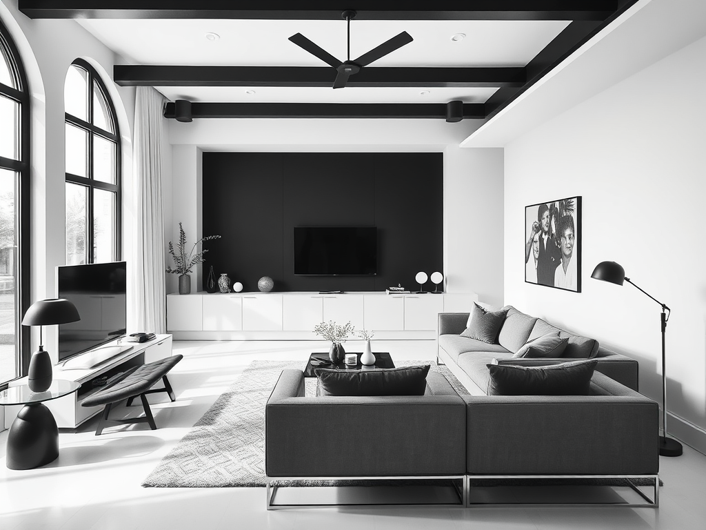 Un salon moderne en noir et blanc avec un canapé gris, un téléviseur mural et de grandes fenêtres.