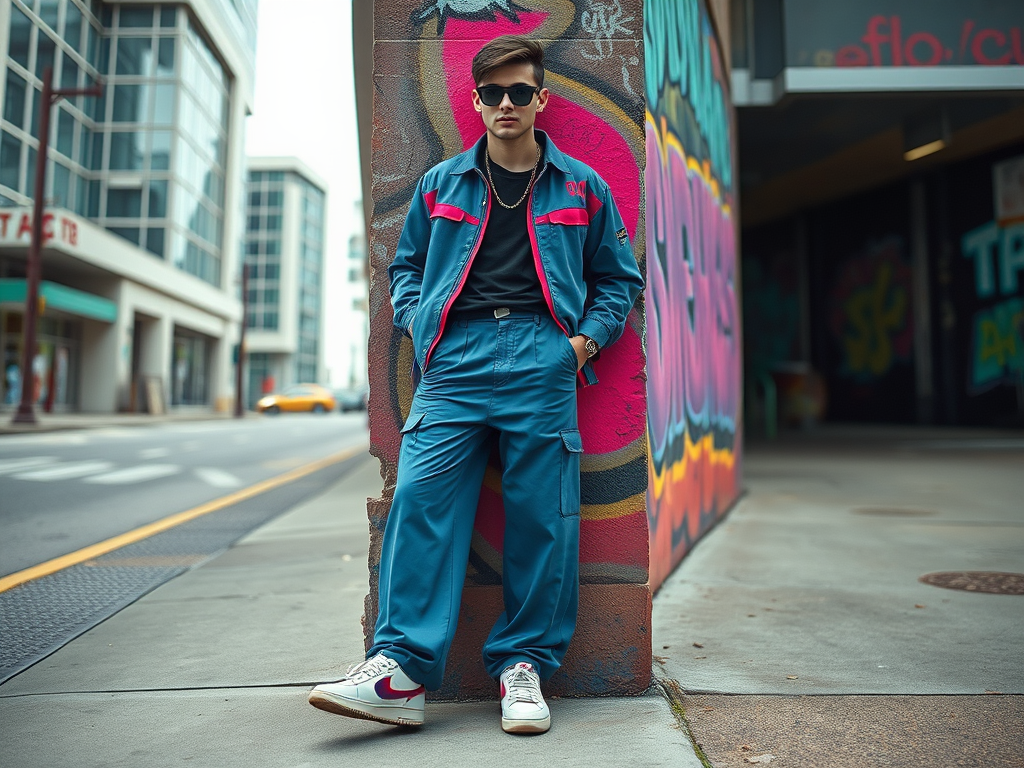 Un jeune homme au style rétro se tient contre un mur coloré, portant des vêtements bleus et des lunettes de soleil.