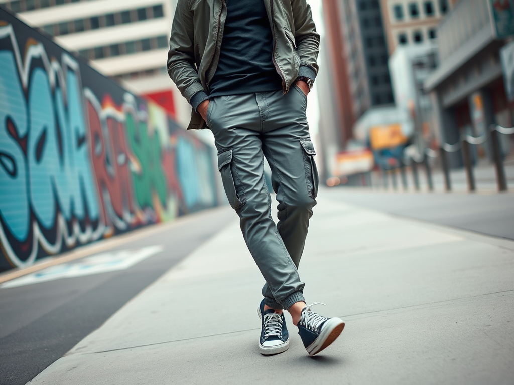 Un homme marchant dans une rue urbaine, vêtu d'un blouson et de pantalons cargo, avec un graffiti coloré en arrière-plan.