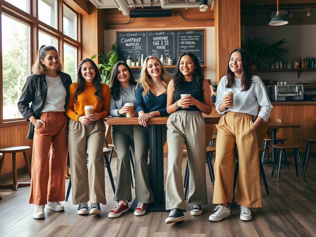 Six femmes souriantes avec des cafés, portant des vêtements décontractés, se tiennent dans un café moderne.