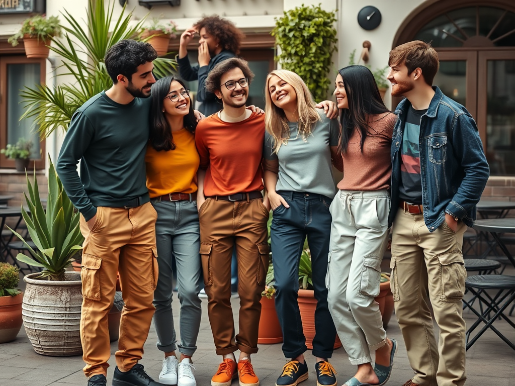 Un groupe de six amis souriants se tient ensemble dans un café, avec des plantes en pot en arrière-plan.