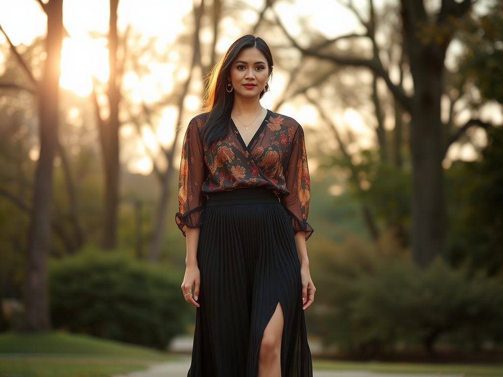 Une femme élégante avec un haut floral et une jupe plissée, marchant dans un parc au coucher du soleil.