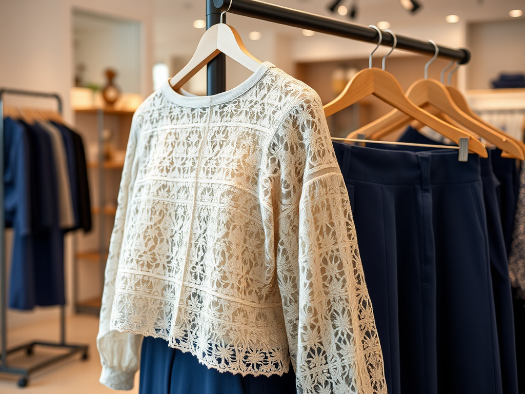 Pull en dentelle beige accroché à un portant, avec un pantalon bleu foncé à côté dans une boutique élégante.